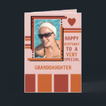 Special granddaughter add photo burgundy birthday card<br><div class="desc">Personalise this Birthday greeting Card for your granddaughter,  or change to suit.
Add a photo and message.
Happy birthday to a very special granddaughter.
Designed in burgundy,  orange and pink with stripes and a love heart.</div>