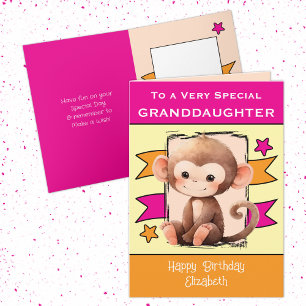 Special Granddaughter monkey kids pink birthday Card
