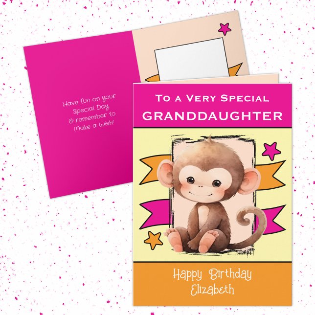 Special Granddaughter monkey kids pink birthday Card (Creator Uploaded)