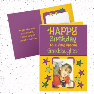 Special granddaughter photo yellow purple birthday card
