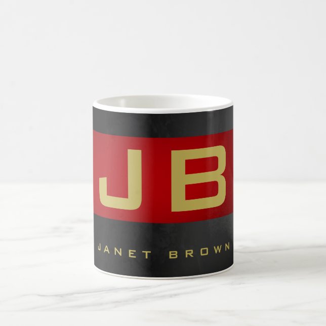 Special Modern Black Grey Gold Red Stripe Monogram Coffee Mug (Center)