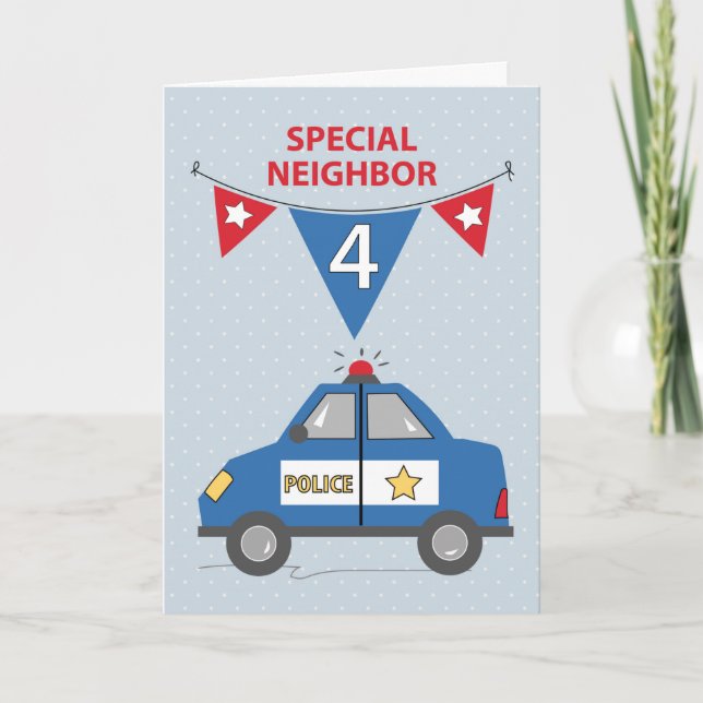 Special Neighbour 4th Birthday Blue Police Car Card (Front)