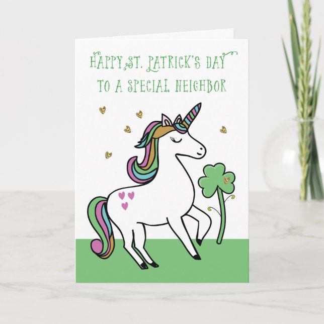 Special Neighbour Unicorn St. Patrick's Day Wishes Card (Front)