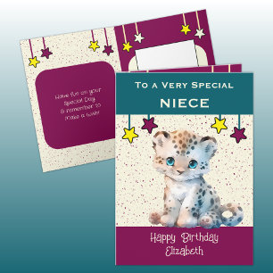 Special Niece leopard kids teal birthday Card
