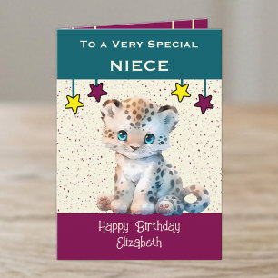 Special Niece leopard kids teal birthday Card