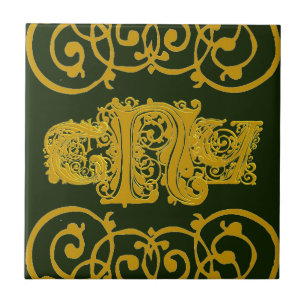 Special Order Ceramic Tile with Gold Lacy Monogram