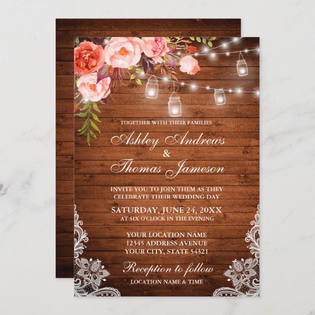Special - Rustic Wood Coral Floral Wedding Invitation (Front/Back)
