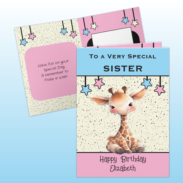 Special Sister giraffe kids blue birthday Card (Creator Uploaded)