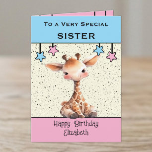 Special Sister giraffe kids blue birthday Card