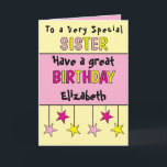 Special sister name pink birthday card<br><div class="desc">Celebrate your amazing sister with this vibrant birthday card! It’s the perfect way to let her know how special she is. Add a personal touch by including her name and a heartfelt birthday message to make her day extra memorable. This card is a great way to say, “Happy Birthday, Sister!”...</div>