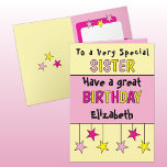 Special sister name pink birthday card<br><div class="desc">Celebrate your amazing sister with this vibrant birthday card! It’s the perfect way to let her know how special she is. Add a personal touch by including her name and a heartfelt birthday message to make her day extra memorable. This card is a great way to say, “Happy Birthday, Sister!”...</div>