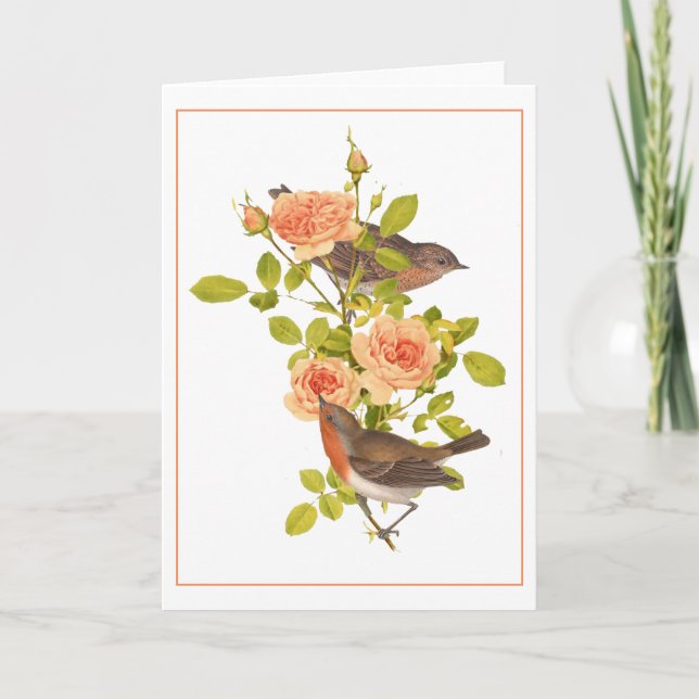 Speckled Brown Birds on a Peach Rose Stem Card (Front)