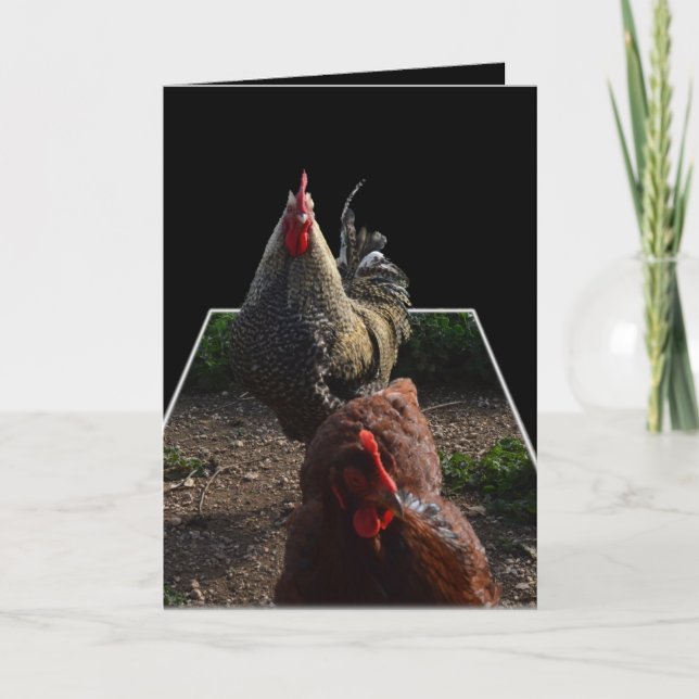 Speckled Fluffy Rooster With Hen, Card (Front)