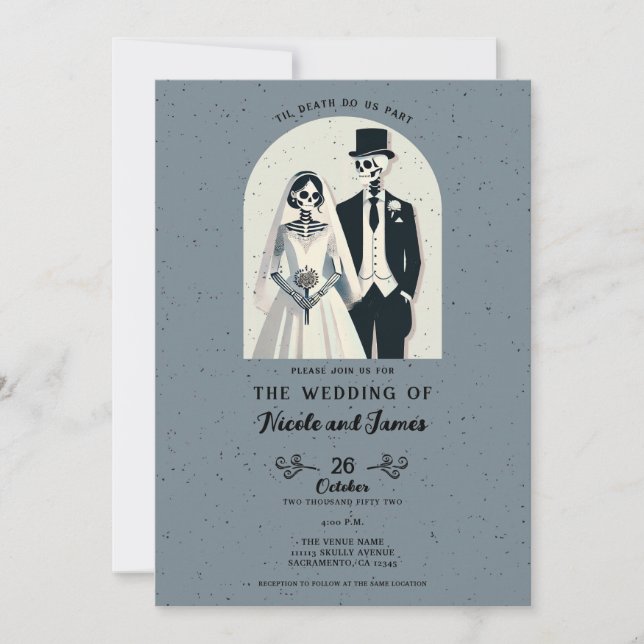 Speckled Grey Skeleton Halloween Gothic Wedding Invitation (Front)
