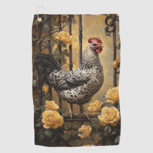 Speckled Hen with Yellow Roses Oil Painting Golf Towel
