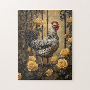 Speckled Hen with Yellow Roses Oil Painting Jigsaw Puzzle