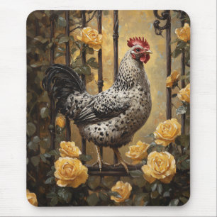 Speckled Hen with Yellow Roses Oil Painting Mouse Pad