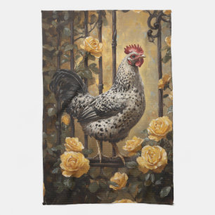Speckled Hen with Yellow Roses Oil Painting Tea Towel