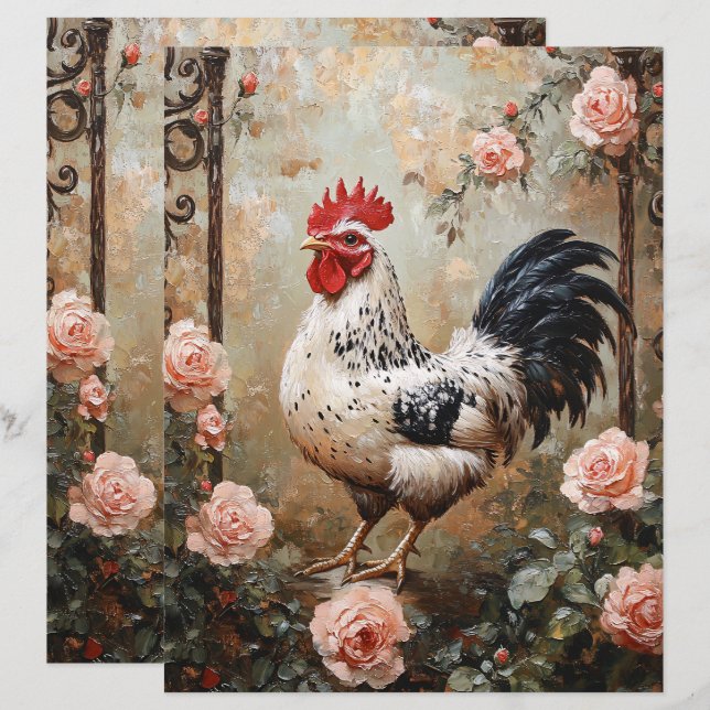 Speckled Rooster Among Pink Roses Scrapbook Paper (Front/Back)