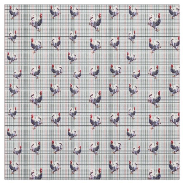 Speckled Rooster On Tartan Print, Fabric (Swatch)