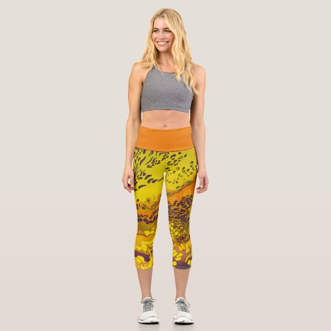 Speckled Sunset Orange Leopard Print pattern Capri Leggings (Front)