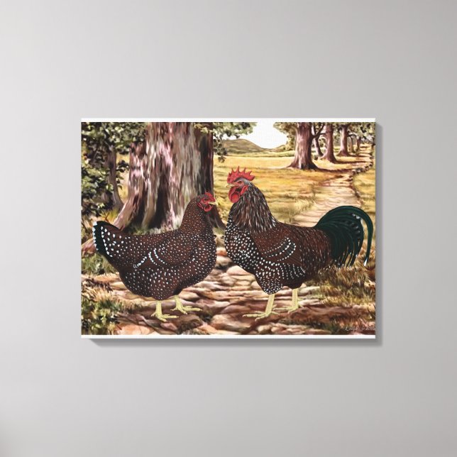 Speckled Sussex Rooster and Hen in Wooded Setting Canvas Print (Front)