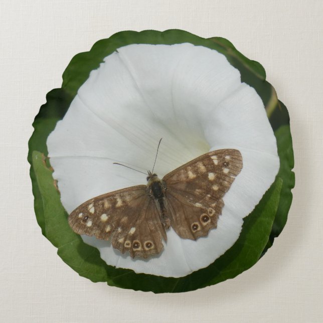 Speckled Wood Butterfly on Bindweed Round Pillow (Front)