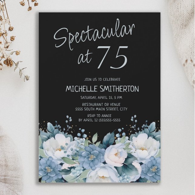 Spectacular 75 Dusty Blue White Floral Black  Invitation (Dusty blue and white floral on black "Spectacular at 75" women's birthday party invitation)