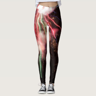 Spectacular Red green Fireworks Abstract black sky Leggings