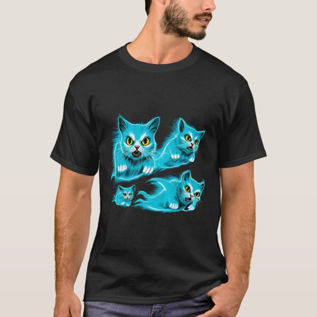Spectral Cats Halloween Funny Flying Ghost Tee  (Front)