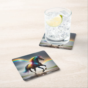 Spectrum of Grace: Rainbow Horse Beneath Rainbows Square Paper Coaster