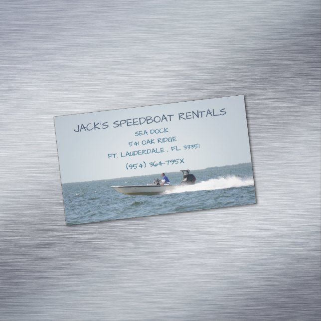 Speed boat on the open ocean  rental boat magnetic business card (In Situ)