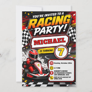 Speed Fun Now & Go Kart Racing Kids Birthday Party Invitation