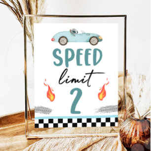 Speed Limit 2 Blue Race Car Two Fast Boy Birthday Poster