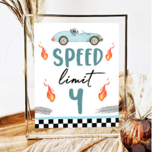 Speed Limit 4 Blue Race Car Two Fast Boy Birthday Poster