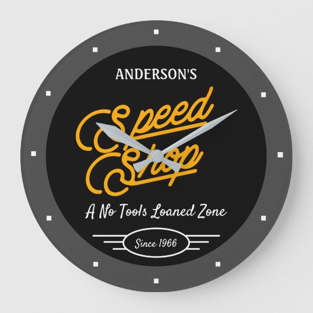 Speed Shop Any Name Retro Since Date Grey Black  Large Clock (Front)