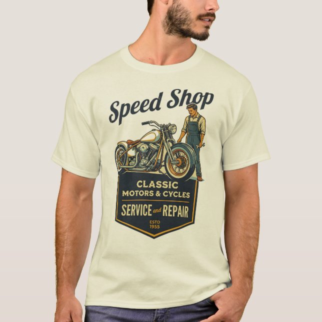 Speed Shop – Classic Motors & Cycles Retro Garage  T-Shirt (Front)