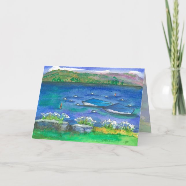 Speedboat Mountain Lake Watercolor Happy Birthday Card (Front)