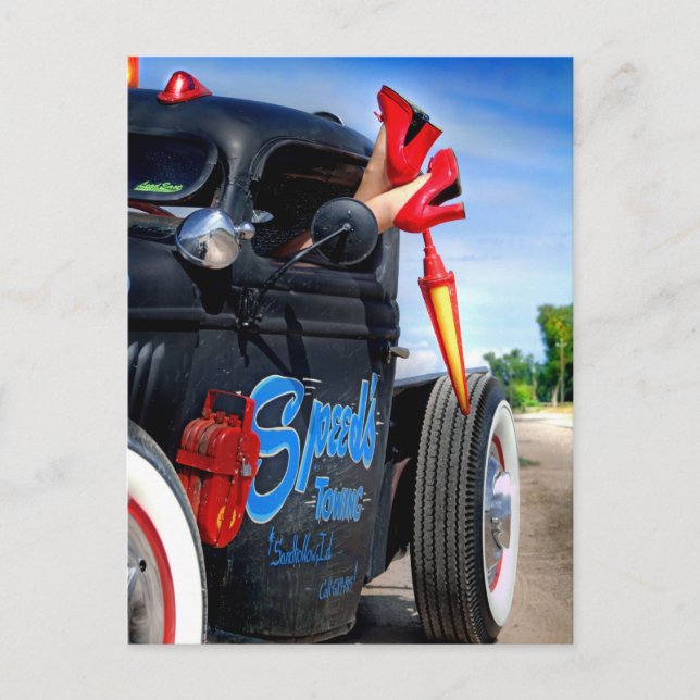 Speeds Towing Rat Rod Truck Rockabilly Betty Postcard (Front)