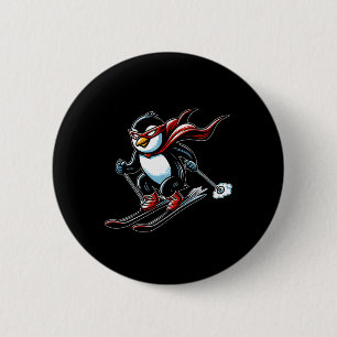 Speedy Skiing Penguin With Red Cape Mascot Alpine 6 Cm Round Badge