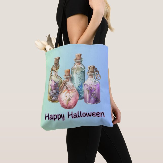 Spell Bottle Potion Bottles Happy Halloween Tote Bag (Close Up)
