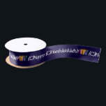 Spell Chanukah Colourful Satin Ribbon<br><div class="desc">No matter how you spell Chanukah (Hanukkah),  it's covered in this omnibus approach. The greeting alternates with a colourful group of candles and the ribbon has a deep blue background with white lettering and rainbow-hued candles.</div>