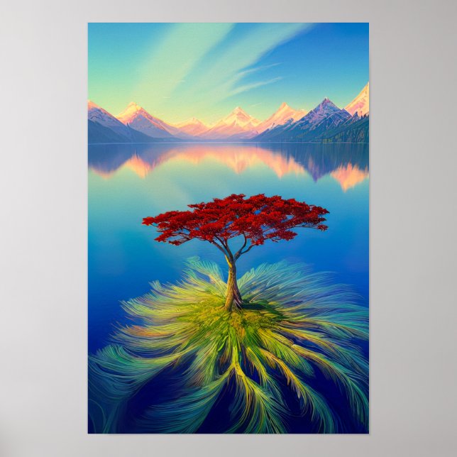 Spellbinding Tree Growing on the Enchanted Lake Poster (Front)