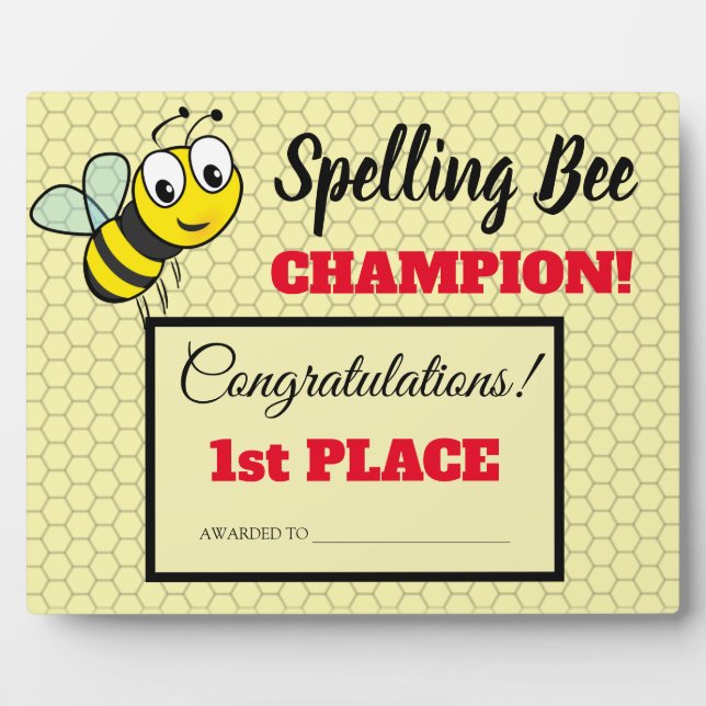 Spelling Bee Award First Place Champion School Plaque (Front)