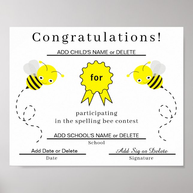 Spelling Bee Participant Certificate for Kids Poster (Front)