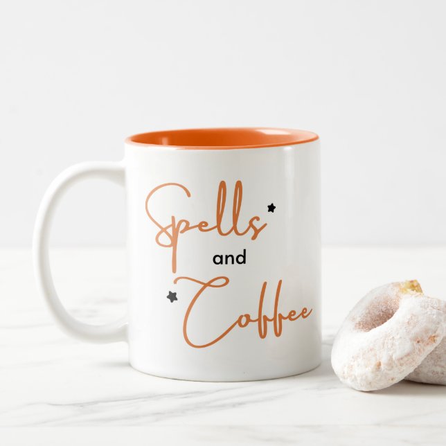 Spells and Coffee Halloween Gift Two-Tone Coffee Mug (With Donut)