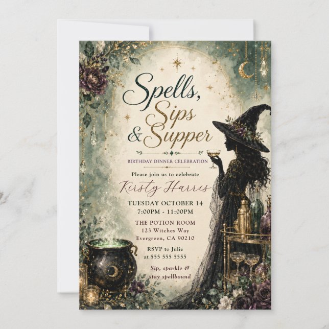 Spells Sips & Supper Birthday Dinner Celebration Invitation (Front)