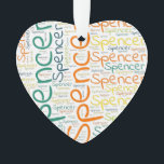 Spencer Ornament<br><div class="desc">Spencer. Show and wear this popular beautiful male first name designed as colourful wordcloud made of horizontal and vertical cursive hand lettering typography in different sizes and adorable fresh colours. Wear your positive american name or show the world whom you love or adore. Merch with this soft text artwork is...</div>