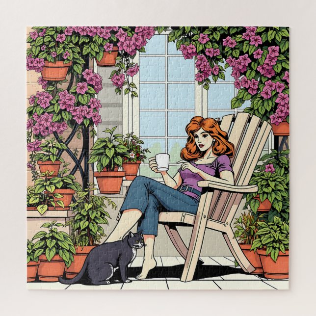 Spending Time with my Cat, Coffee and Plants Jigsaw Puzzle (Vertical)