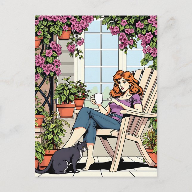 Spending Time with my Cat, Coffee and Plants Postcard (Front)